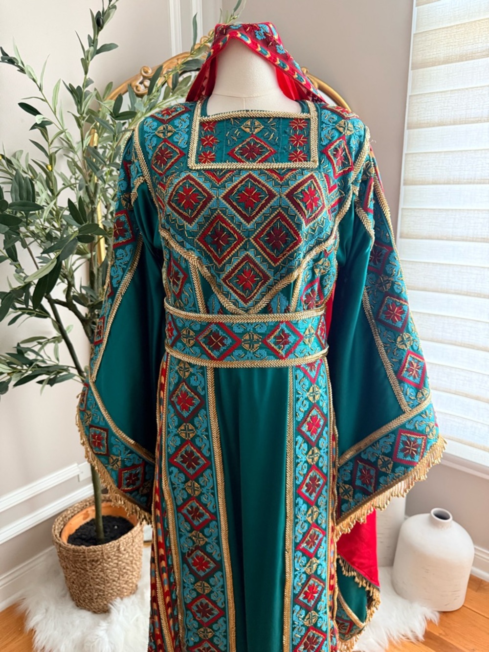 Embroidered Teal and Red Traditional Women’s Dress
